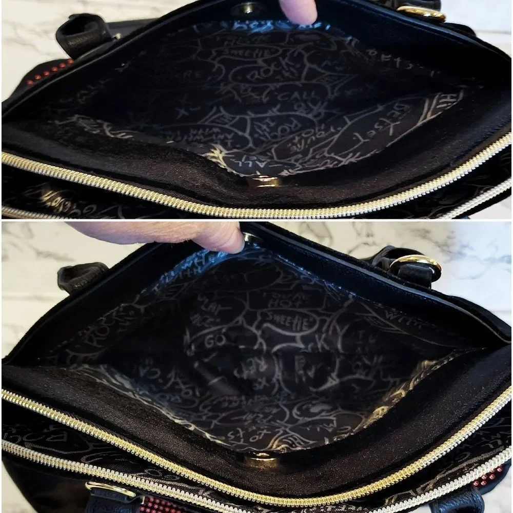 Betsey‎ Johnson Black Velvet Studded Hearts Dome Satchel Crossbody Bag Large